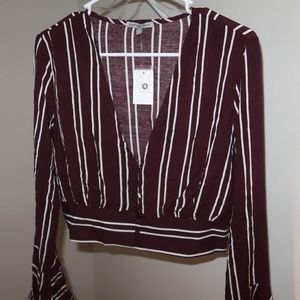 Striped Deep V Neck Button Up
